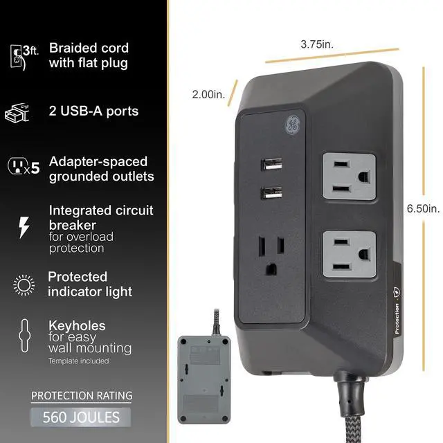 Alt view image 3 of 7 - GE UltraPro Adapt 5-Outlet Surge Protector with USB Ports, 2 USB-A Ports, 2.4A, 3ft Braided Cord Power Strip Surge Protector, 560 Joules, Black, 73777
