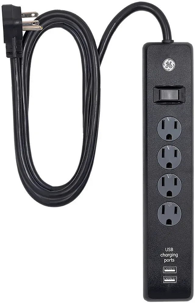 Main image of GE 4-Outlet Surge Protector, 2 USB Ports, 6 Ft Power Cord, 450 Joules, Flat Plug, Twist to Lock Safety Covers, Automatic Shutdown Technology, Circuit Breaker, Warranty, UL Listed, Black, 37465