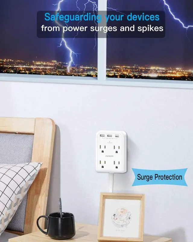 Alt view image 6 of 7 - Surge Protector Power Strip, Outlet Extender Stick with USB C Ports, 4 Outlet 3 USB, 4 FT Extension Cord Flat Wall Plug, Home Office Dorm Room Essentials, White