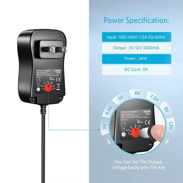 Alt view image 3 of 7 - Belker 36W 3V 4.5V 5V 6V 7.5V 9V 12V Adjustable Voltage Universal AC/DC Adapter Power Supply for Household Electronics Security Camera Router LED Strip Light Keyboard Tablet - 3A 3000mA Max.