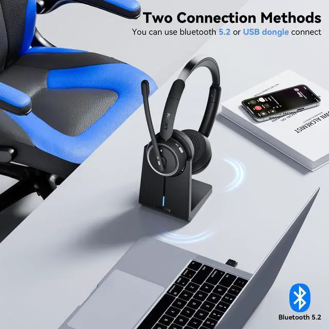 Alt view image 4 of 7 - Wireless Headset with Mic for Work, Bluetooth Headset with Microphone (Noise Cancelling & Mute Button), Wireless Headphones with Mic for Work from Home/Office/PC/Call Center/Computer/Laptop/Teams/Zoom