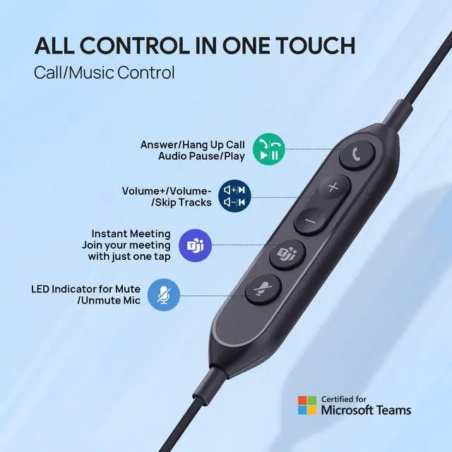 Alt view image 5 of 7 - Yealink UH42 USB-C/A Headset with Microphone for PC Computer, Wired Headset Teams Certified, Noise Cancelling Mic, in Line Control, Mute Button, Cable Length 7.05FT, All Day Comfort
