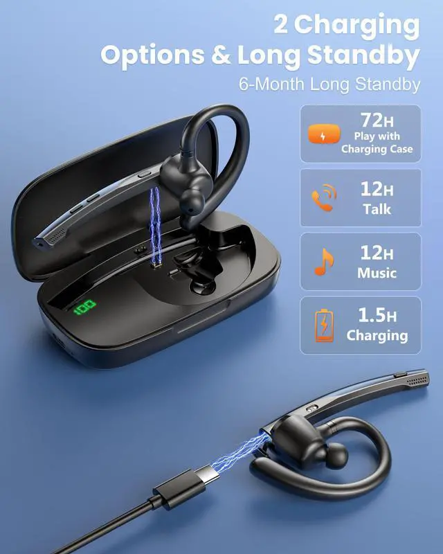 Alt view image 5 of 7 - Bluetooth Headset V5.1 72H Talk Time Dual Mic with Mute Button for Business, Wireless Hand-Free Bluetooth Earpiece with 500mAh Charging Case for Cell Phone Calls Trucker Driver Laptop