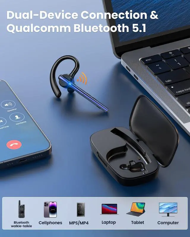 Alt view image 6 of 7 - Bluetooth Headset V5.1 72H Talk Time Dual Mic with Mute Button for Business, Wireless Hand-Free Bluetooth Earpiece with 500mAh Charging Case for Cell Phone Calls Trucker Driver Laptop