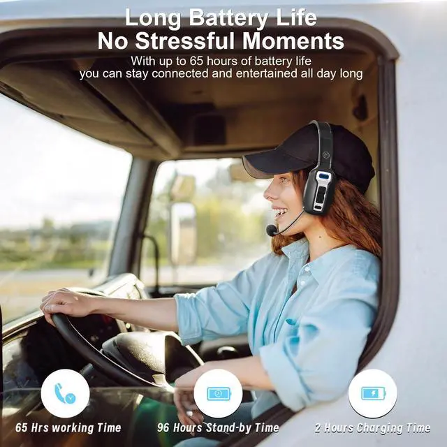 Alt view image 4 of 7 - BRAMMAR Trucker Bluetooth Headset with AI Noise Cancellation Microphone, Trucker Headset with 65Hrs Talk Time & Mute Button, Multipoint Connection, Bluetooth Headsets Fit for Truck Drivers/Cell Phones