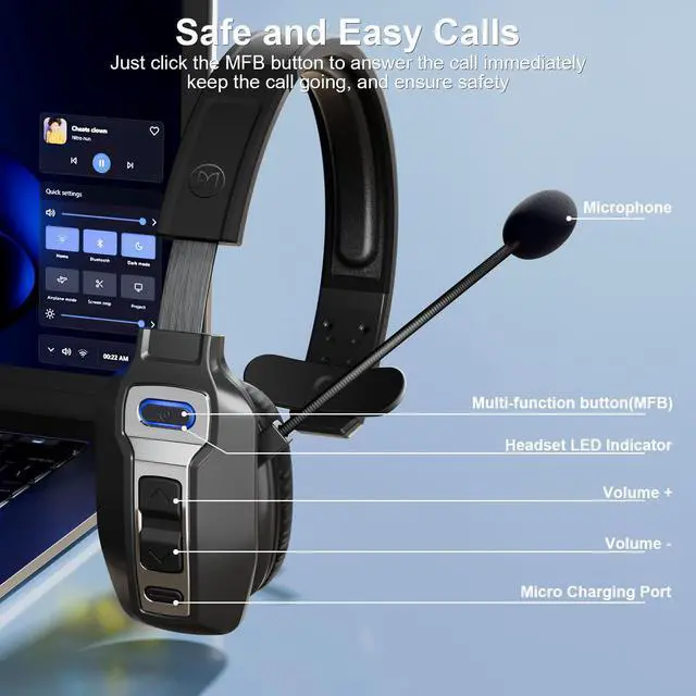 Alt view image 6 of 7 - BRAMMAR Trucker Bluetooth Headset with AI Noise Cancellation Microphone, Trucker Headset with 65Hrs Talk Time & Mute Button, Multipoint Connection, Bluetooth Headsets Fit for Truck Drivers/Cell Phones