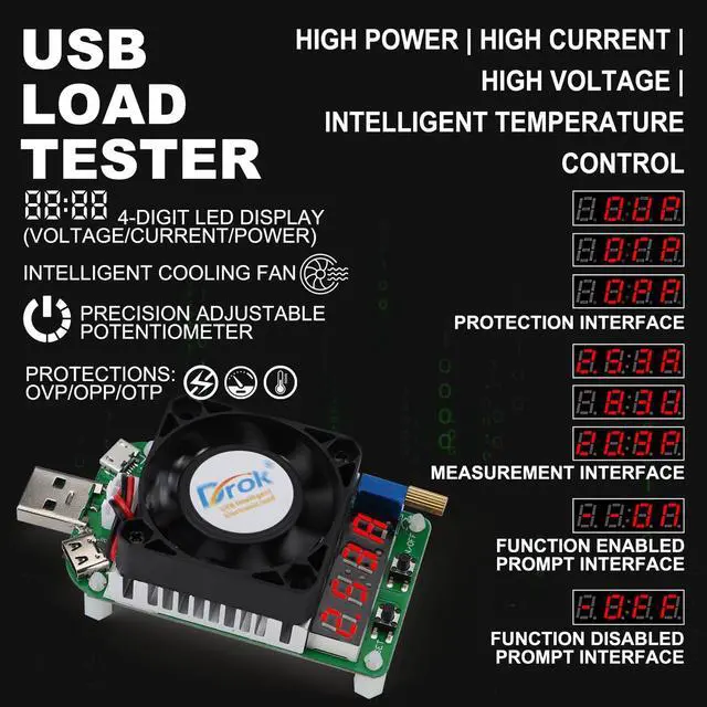 Alt view image 2 of 7 - DROK USB Load Tester, Electronic Load Test Resistor Module 25W LD25 USB and Type C Interface Discharge Adjustable Constant Current 0.25A-4A Intelligent Temperature Control with Cooling Fan