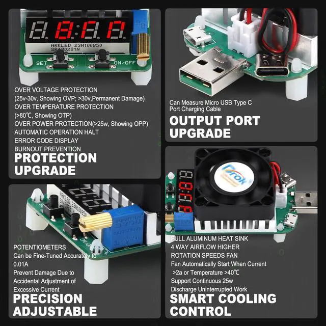 Alt view image 4 of 7 - DROK USB Load Tester, Electronic Load Test Resistor Module 25W LD25 USB and Type C Interface Discharge Adjustable Constant Current 0.25A-4A Intelligent Temperature Control with Cooling Fan