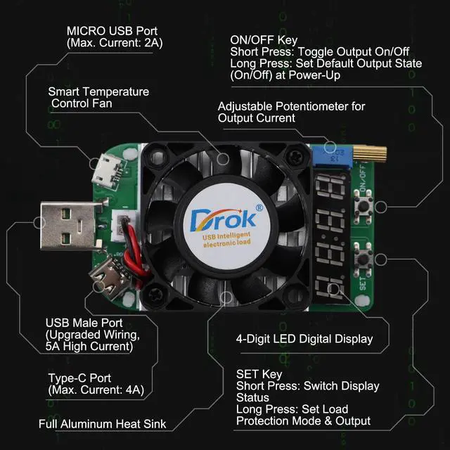 Alt view image 5 of 7 - DROK USB Load Tester, Electronic Load Test Resistor Module 25W LD25 USB and Type C Interface Discharge Adjustable Constant Current 0.25A-4A Intelligent Temperature Control with Cooling Fan