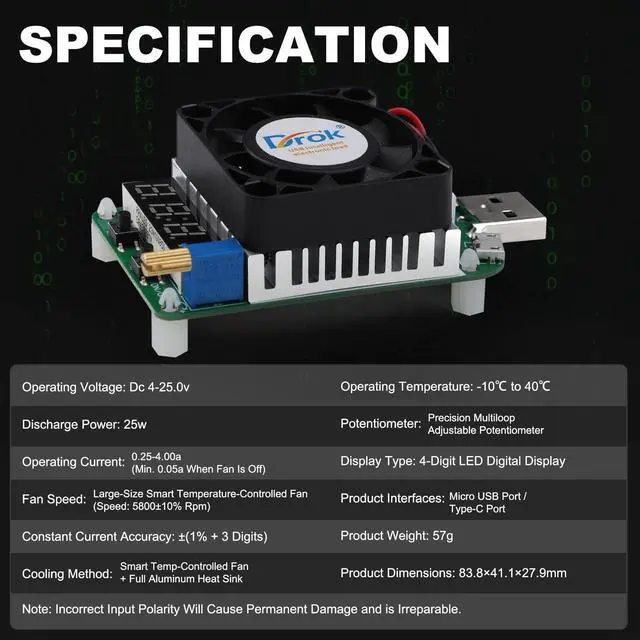 Alt view image 3 of 7 - DROK USB Load Tester, Electronic Load Test Resistor Module 25W LD25 USB and Type C Interface Discharge Adjustable Constant Current 0.25A-4A Intelligent Temperature Control with Cooling Fan