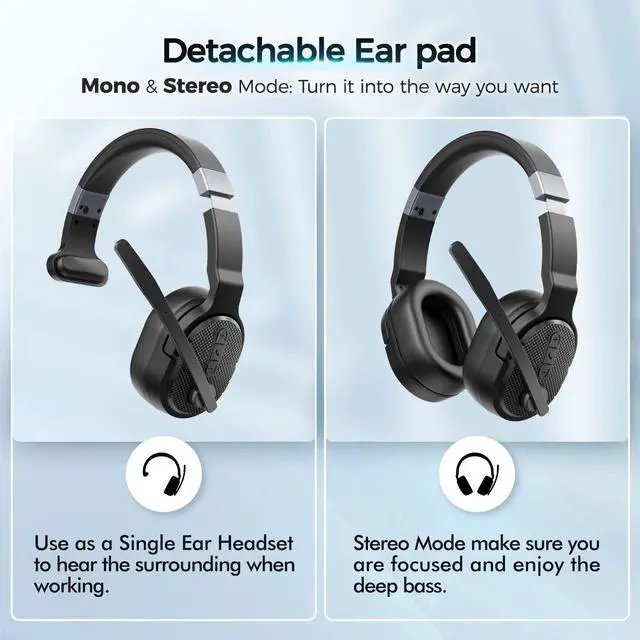 Alt view image 2 of 7 - COSMUSIS Trucker Bluetooth Headset, Wireless Headsets with Noise Cancelling Microphone, Long Battery Life Bluetooth Headphones with Detachable Earpad/Single+Dual Mode for Office/Driving/Home