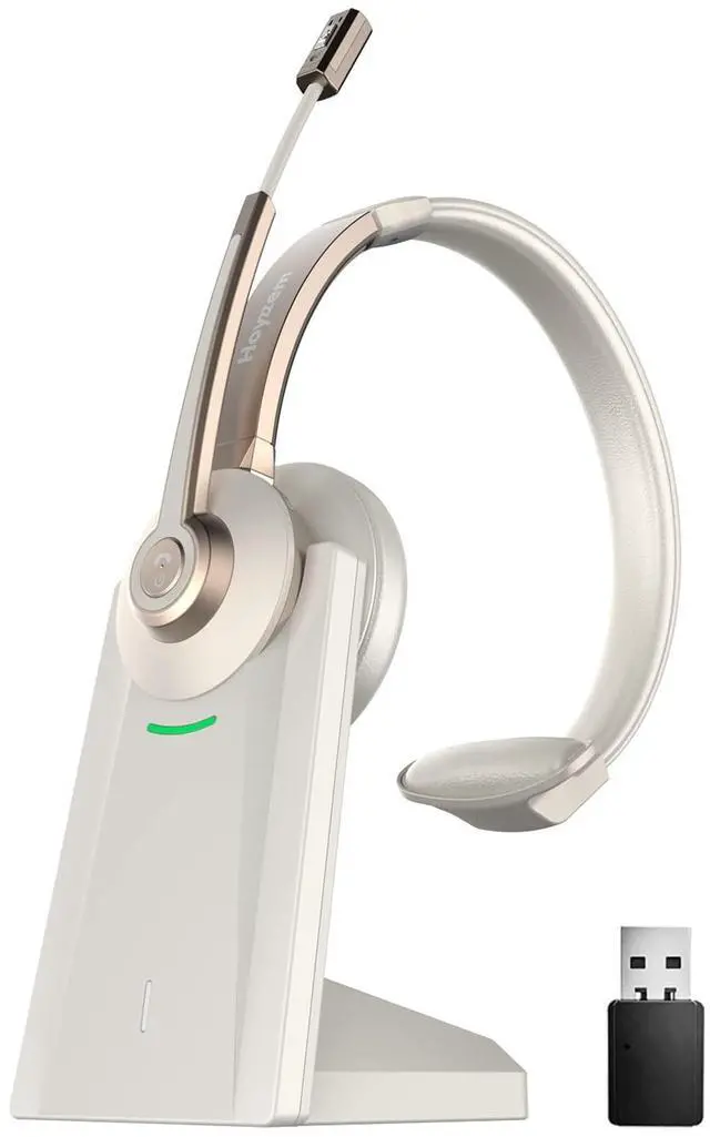 Main image of Bluetooth Headset, Wireless Headphones with Microphone Noise Canceling & USB Dongle, V5.0 Trucker Bluetooth Headset with Mic Mute & Charge Dock for PC/Laptop/Phone/Meeting/CallCenter/Office Gold