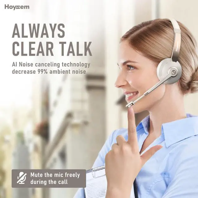 Alt view image 5 of 7 - Bluetooth Headset, Wireless Headphones with Microphone Noise Canceling & USB Dongle, V5.0 Trucker Bluetooth Headset with Mic Mute & Charge Dock for PC/Laptop/Phone/Meeting/CallCenter/Office Gold