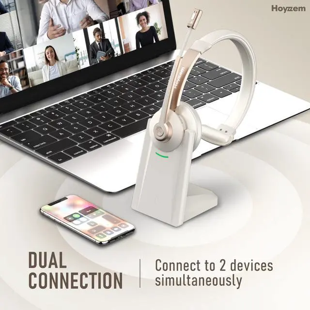 Alt view image 7 of 7 - Bluetooth Headset, Wireless Headphones with Microphone Noise Canceling & USB Dongle, V5.0 Trucker Bluetooth Headset with Mic Mute & Charge Dock for PC/Laptop/Phone/Meeting/CallCenter/Office Gold