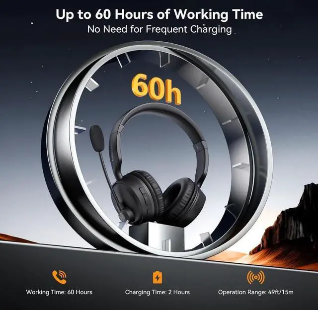 Alt view image 3 of 7 - LEVN Bluetooth Headset with Microphone, 60 Hrs Working Time Dual Connection Bluetooth Headphones with Mic, Wireless Headset with Mic for Work/Video Meetings/Phone/Call Center/PC/Music/Zoom/Teams