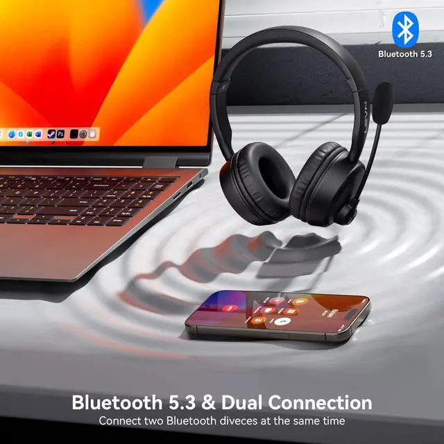 Alt view image 4 of 7 - LEVN Bluetooth Headset with Microphone, 60 Hrs Working Time Dual Connection Bluetooth Headphones with Mic, Wireless Headset with Mic for Work/Video Meetings/Phone/Call Center/PC/Music/Zoom/Teams