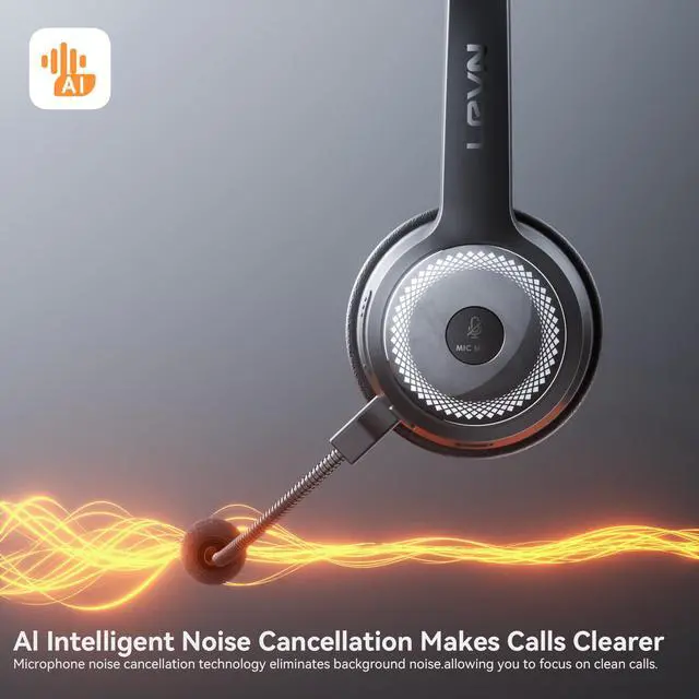 Alt view image 2 of 6 - LEVN Wireless Headset with Mic for Work, Wireless Headset (Charging Base, Noise Cancelling & Mute Button), Long Battery Life, Bluetooth Headsets for Home/Office/Call Center/Laptop/Teams/Zoom, Black