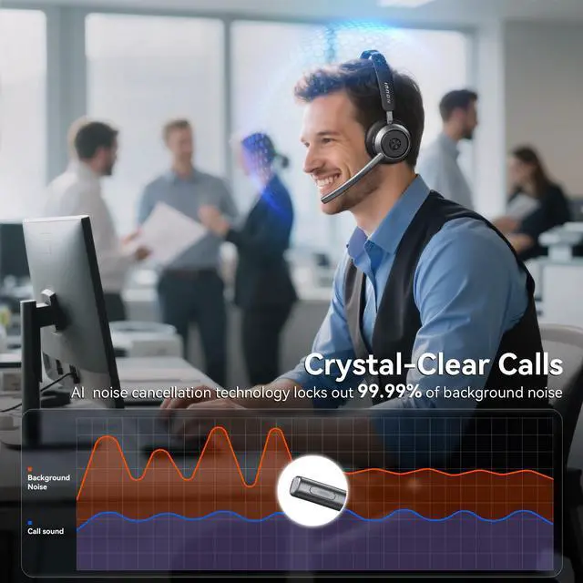 Alt view image 2 of 7 - Wireless Headset with Mic for Work, Wireless Headphones with Mic(Noise Cancelling), Bluetooth Headset with Microphone, Mute Button & Charge Base for Work from Home/PC/Call Center/Computer/Zooms/Teams