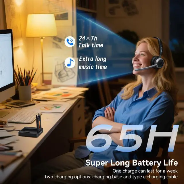 Alt view image 3 of 7 - Wireless Headset with Mic for Work, Wireless Headphones with Mic(Noise Cancelling), Bluetooth Headset with Microphone, Mute Button & Charge Base for Work from Home/PC/Call Center/Computer/Zooms/Teams