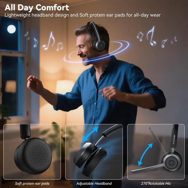 Alt view image 5 of 7 - Wireless Headset with Mic for Work, Wireless Headphones with Mic(Noise Cancelling), Bluetooth Headset with Microphone, Mute Button & Charge Base for Work from Home/PC/Call Center/Computer/Zooms/Teams