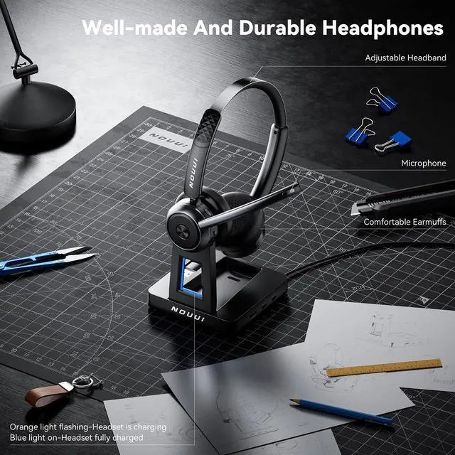 Alt view image 6 of 7 - Wireless Headset with Mic for Work, Wireless Headphones with Mic(Noise Cancelling), Bluetooth Headset with Microphone, Mute Button & Charge Base for Work from Home/PC/Call Center/Computer/Zooms/Teams