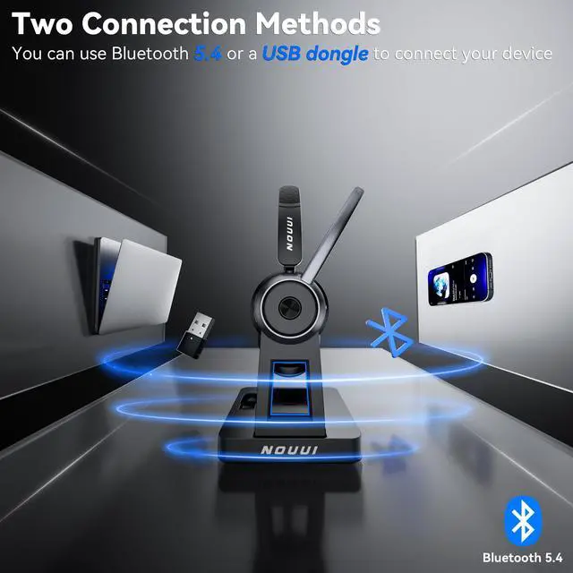 Alt view image 4 of 7 - Wireless Headset with Mic for Work, Wireless Headphones with Mic(Noise Cancelling), Bluetooth Headset with Microphone, Mute Button & Charge Base for Work from Home/PC/Call Center/Computer/Zooms/Teams