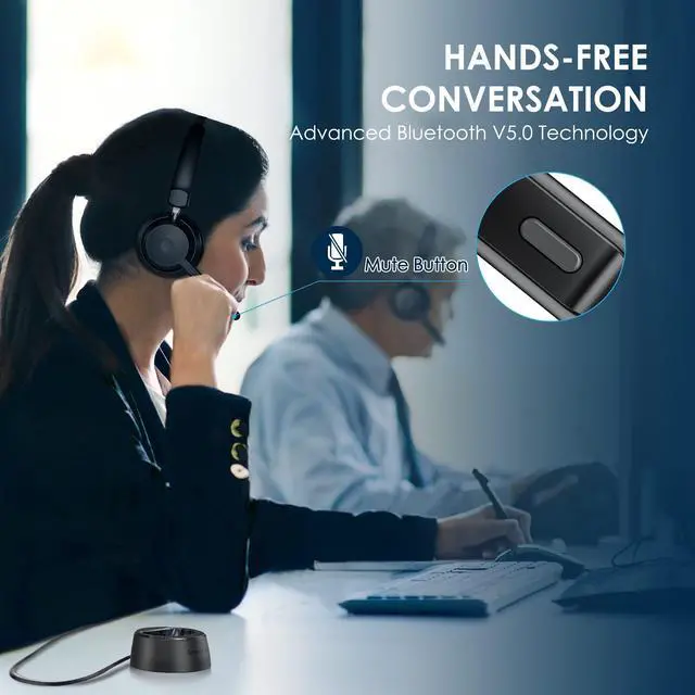 Alt view image 6 of 7 - Mopchnic Bluetooth Headset, Wireless Headphone with AI Noise-Canceling Microphone On Ear Wireless Headset with USB Dongle for Computer Office