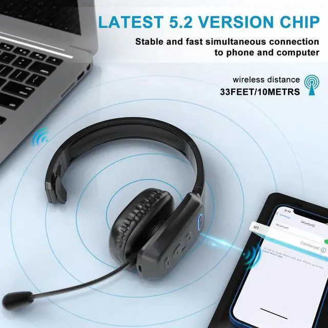 Alt view image 5 of 7 - LEAYU Bluetooth Headset, 60hrs Noise Canceling V5.2 Over Head Headphones, Single Ear Trucker Wireless Headset with Mic, Mute Button, Multipoint, for Phones PC Computer Truck Driver Office Work - Black