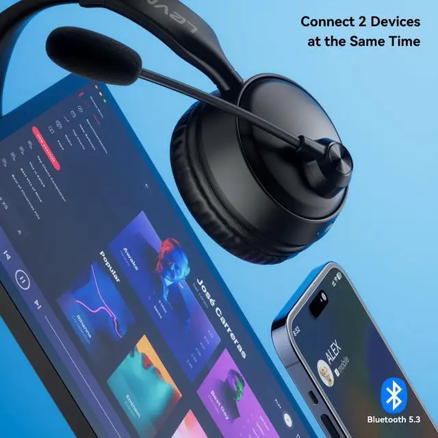 Alt view image 3 of 7 - LEVN Bluetooth Headset with Microphone, Wireless Headset with Mic & Mute Button, 60 Hrs Working Time, Noise Cancelling Bluetooth Headphomes 5.3 Multipoint Connect to Cell Phone/Mobile/Laptop/Tablet/PC