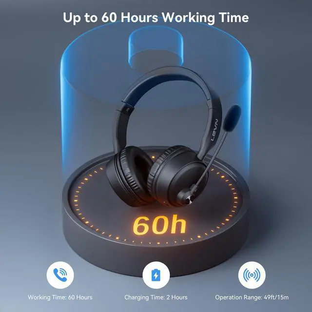 Alt view image 4 of 7 - LEVN Bluetooth Headset with Microphone, Wireless Headset with Mic & Mute Button, 60 Hrs Working Time, Noise Cancelling Bluetooth Headphomes 5.3 Multipoint Connect to Cell Phone/Mobile/Laptop/Tablet/PC