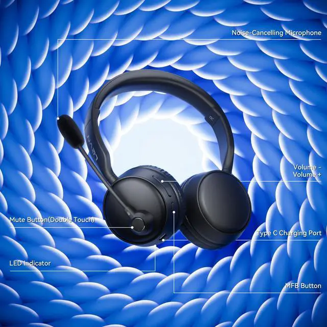 Alt view image 6 of 7 - LEVN Bluetooth Headset with Microphone, Wireless Headset with Mic & Mute Button, 60 Hrs Working Time, Noise Cancelling Bluetooth Headphomes 5.3 Multipoint Connect to Cell Phone/Mobile/Laptop/Tablet/PC