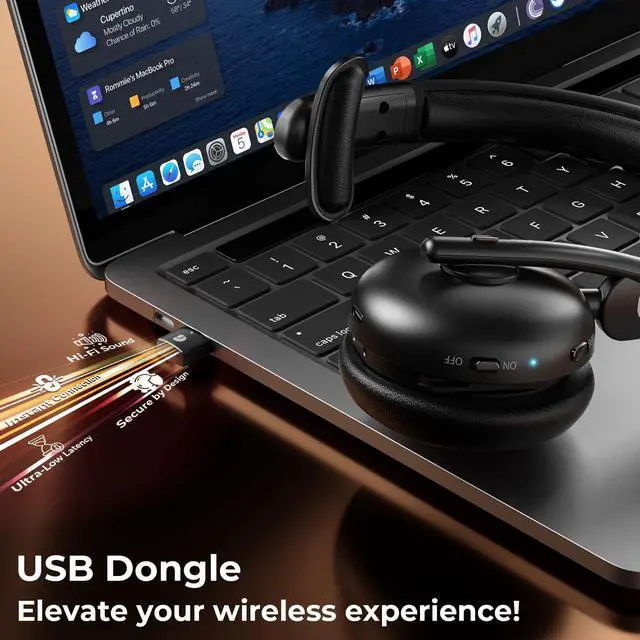 Alt view image 4 of 7 - Wireless Headset with Mic for Work, 70H Battery & AI Noise Cancelling, Bluetooth 5.3 Headsets with Mute Function, Single-Ear Wireless Headset & USB Dongle, Fit for PC/Laptop/Teams/Skype/Call Center