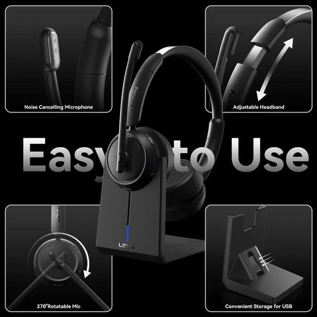 Alt view image 6 of 6 - LEVN Wireless Headset with Mic for Work, Bluetooth Headset with Microphone (Noise Cancelling), 65 Hrs Working Time 2.4G Wireless Headphones with Mic for Work/Call Center/PC/Computer/Laptop/Teams/Zoom
