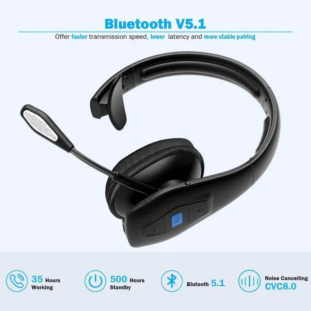 Alt view image 4 of 6 - Conambo Noise Cancelling Bluetooth Headset V5.1, 35Hrs HD Talktime CVC8.0 Dual Mic Hands-Free Wireless Headset, Bluetooth Headphones with Mute Button for Cell Phones Business Home Office Trucker