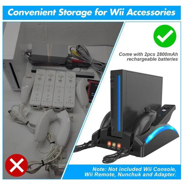 Alt view image 3 of 7 - KEKUCULL Game Organizer Station for Wii Remote Charger, Charging Dock Station for Controller, Wii Stand with 2 Pcs Rechargeable Battery for Wii Console Nunchuk Game Accessories Kit Storage