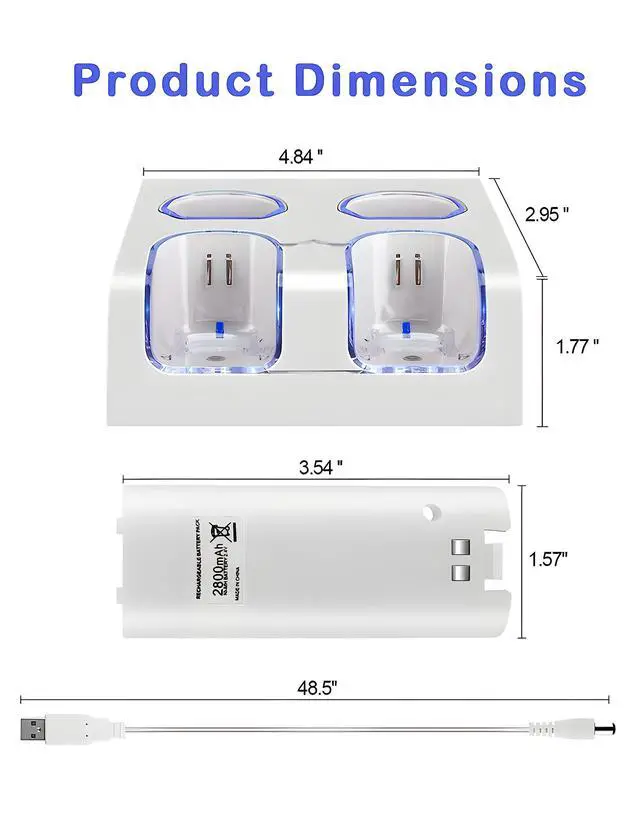 Alt view image 5 of 7 - Charging Dock Charger Station for Wii, 4 Port Remote Controller Charger with 4pcs 2800mAh Rechargeable Batteries (White)