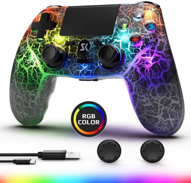 Main image of Boowen Wireless Controller for PS4, Controller Compatible with PS4/Pro/Slim,Double Shock 6-Axis Motion Sensor, Sensitive Touch Pad, Built-in Speaker & Stereo Headphone Jack (Black Crack RGB Light)
