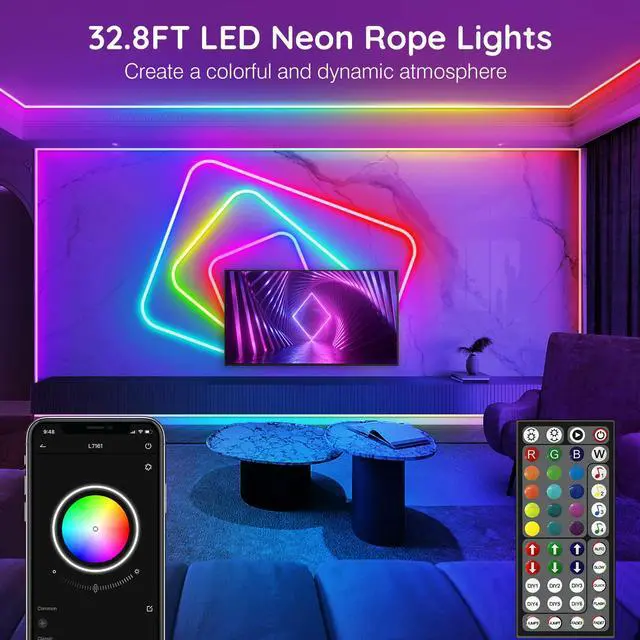 Alt view image 2 of 7 - 32.8Ft Neon Rope Lights,Flexible Led Rope Lights Control with App/Remote,Multiple Modes RopeLights,IP65 Outdoor RGB Led Neon Lights NonWater Resistant,Music Sync Gaming Led NeonLight Strip