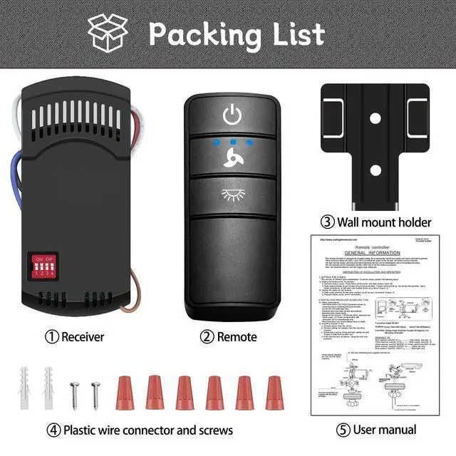 Alt view image 7 of 7 - Universal Ceiling Fan Remote Control Kit,Hampton Bay Fan Remote Kit Replacement for Hunter,Harbor Breeze, Home Decorators,3-Speed, Light Dimming,Time Delay, KUJCE10320/TR222A,2AAZPHD3/HD3,98130,TX028C