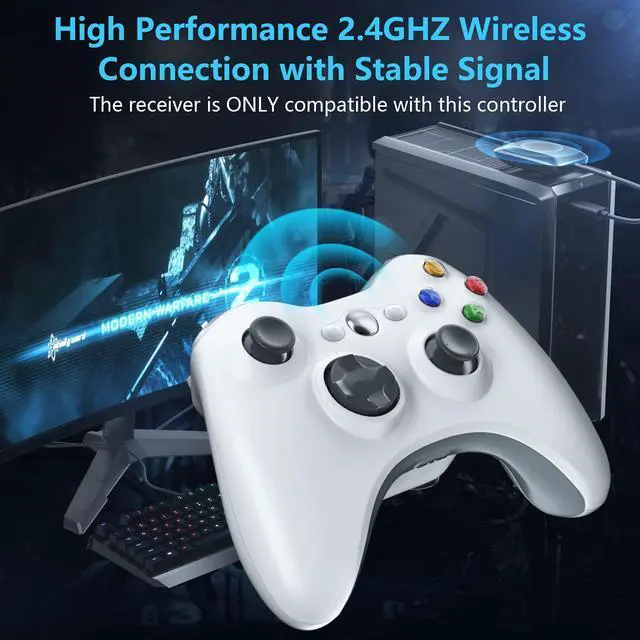 Alt view image 4 of 6 - Oussirro Wireless Controller for Xbox 360, 2.4GHZ Gamepad Joystick Controller Remote for PC Windows 7,8,10 with Receiver Adapter, White