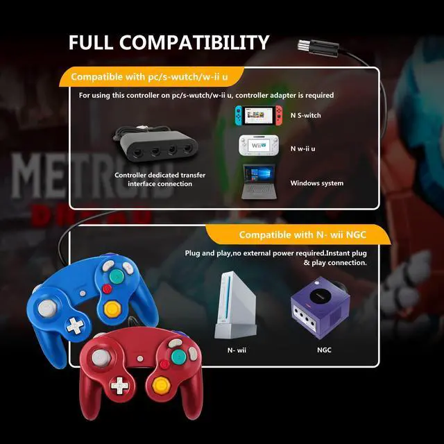 Alt view image 3 of 6 - FIOTOK Gamecube Controller, Classic Wired Controller for Wii Nintendo Gamecube (Blue & Red-2Pack)