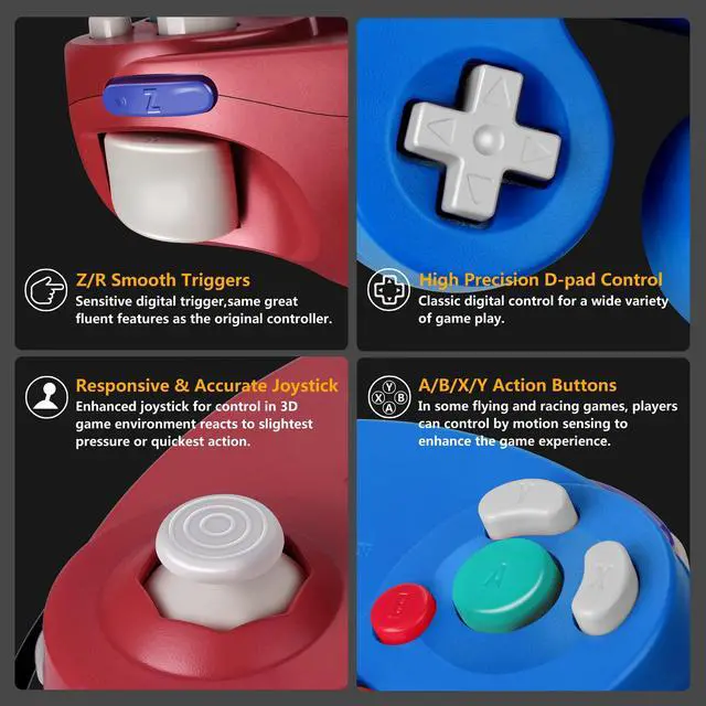 Alt view image 4 of 6 - FIOTOK Gamecube Controller, Classic Wired Controller for Wii Nintendo Gamecube (Blue & Red-2Pack)