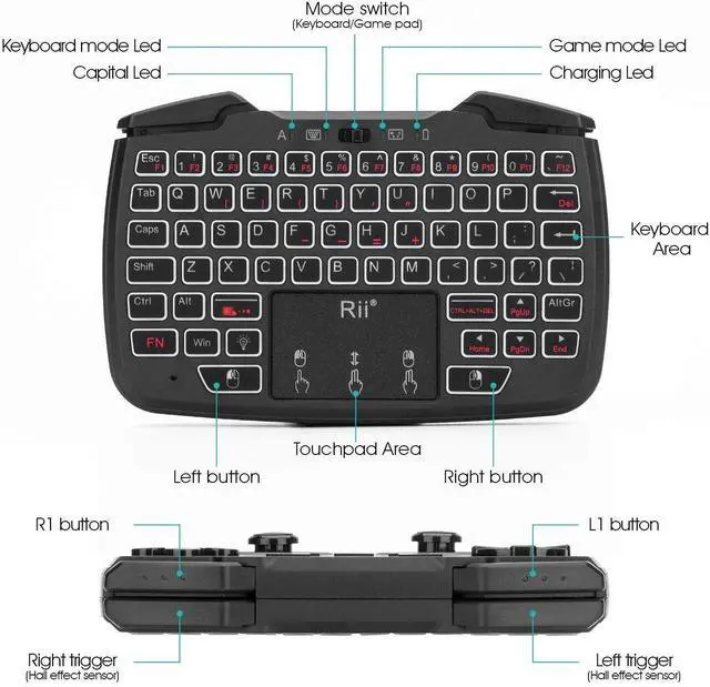 Alt view image 4 of 7 - (Backlit Version)3 in 1 Multifunctional 2.4GHz Wireless Portable Game Controller 62-Key Rechargeable Keyboard Mouse Combo Turbo Vibration Function for PC/Raspberry pi2/Android TV Google/TV B