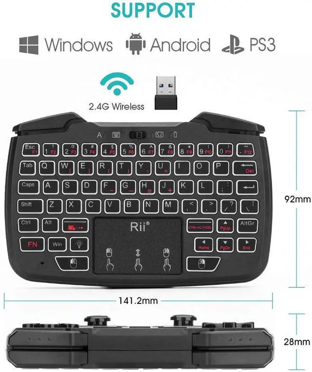 Alt view image 2 of 7 - (Backlit Version)3 in 1 Multifunctional 2.4GHz Wireless Portable Game Controller 62-Key Rechargeable Keyboard Mouse Combo Turbo Vibration Function for PC/Raspberry pi2/Android TV Google/TV B