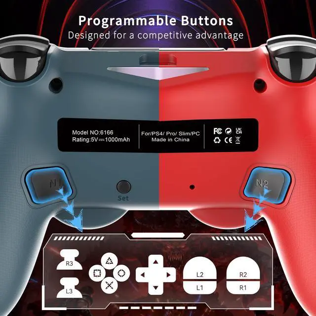 Alt view image 5 of 7 - 2 Pack Wireless Controller for PS4, Game Remote Controller Compatible with PS4/Slim/Pro/PC, Programmable, RGB Light, 1000mAh Battery, Dual Vibration, 6-Axis Gyro, Share, Touch Pad, Speaker&Audio Jack