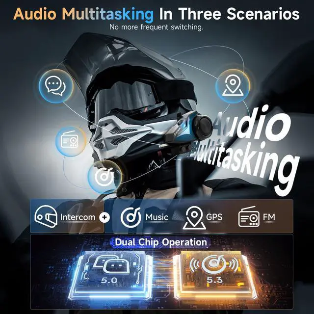 Alt view image 2 of 7 - Moman Motorcycle Intercom, H2E Eagle-Like Helmet Headset Communication System with Dual Chip for Audio Multitasking HiFi/Music Sharing/FM/AI Voice (1Pack), Motorcycle-Intercom-Helmet-Headset-Headphone