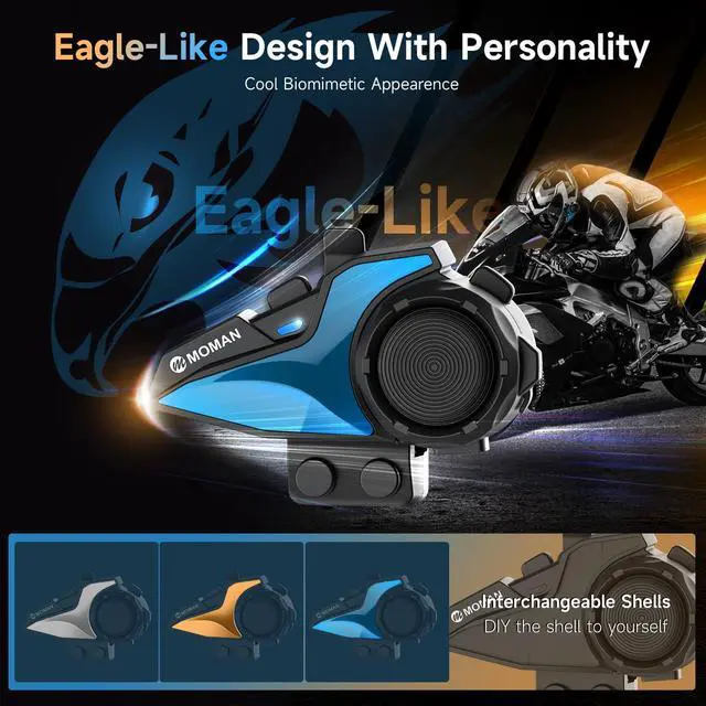 Alt view image 6 of 7 - Moman Motorcycle Intercom, H2E Eagle-Like Helmet Headset Communication System with Dual Chip for Audio Multitasking HiFi/Music Sharing/FM/AI Voice (1Pack), Motorcycle-Intercom-Helmet-Headset-Headphone