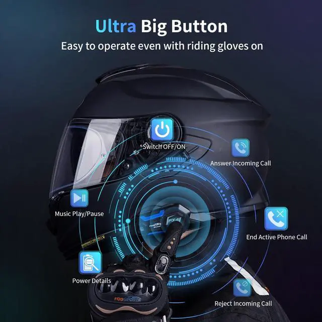 Alt view image 5 of 7 - Fodsports FX4 Pro Motorcycle Helmet Headset, 4-Rider 1200m Bluetooth Intercom, IP65 Waterproof Helmet Communication System with Universal Pairing/Hi-Fi Music/FM Radio/Auto Call/2 Type Mics, 1 Pack