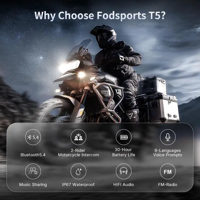 Alt view image 2 of 7 - Fodsports T5 Motorcycle Bluetooth Headset with Music Sharing, 2 Riders Helmet Intercom Communication Systems, 9-Language Voice Prompts/Voice Assistant/FM Radio/2 Type Mics/4 Colored Faceplates