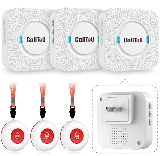 Main image of CallToU Caregiver Pager Elderly Alert Call Button for Seniors Smart Patient Call Bell Wireless Emergency Button System Adult Monitors at Home 3 Plugin Receivers 3 Waterproof Portable Transmitters